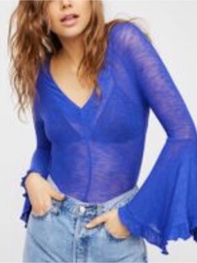 Free People Royal Blue V-Neck Bell Sleeve Top